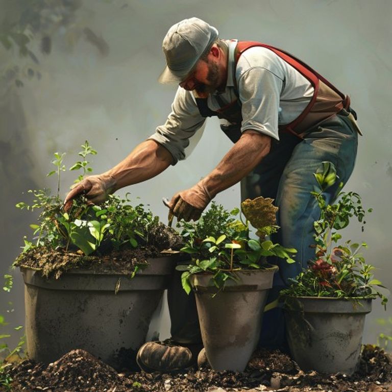 Gardener filling medium-sized pots from a 50L compost bag