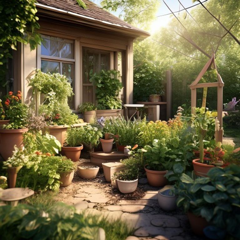 Mixed herb containers arranged on garden terrace