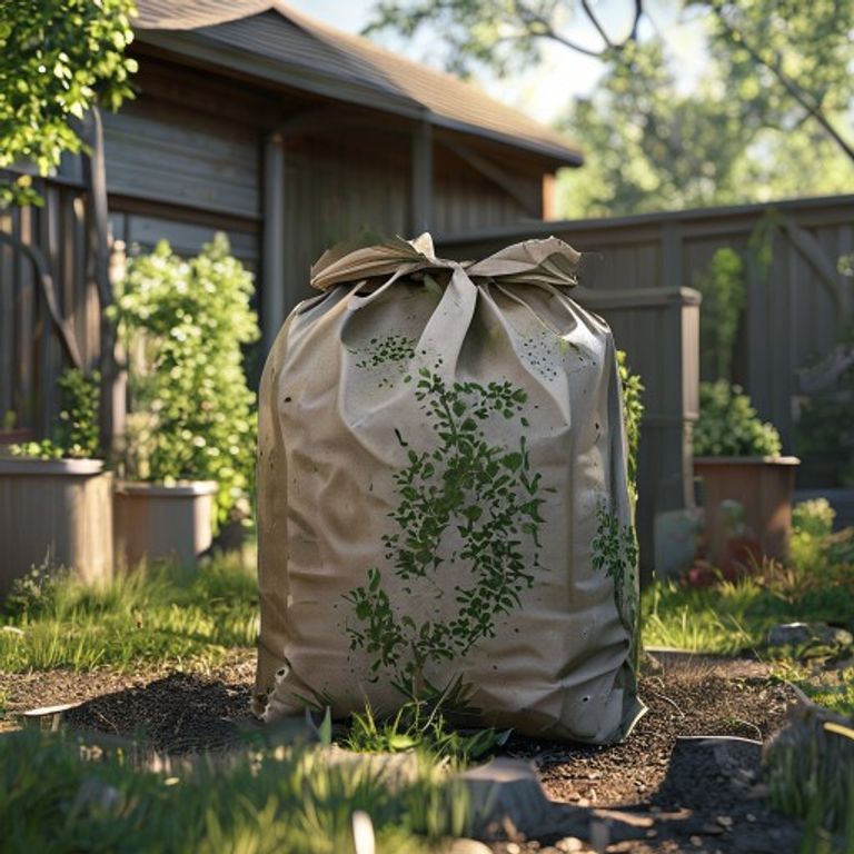 Jack's Magic 60L bag in a garden with large planters and border plants