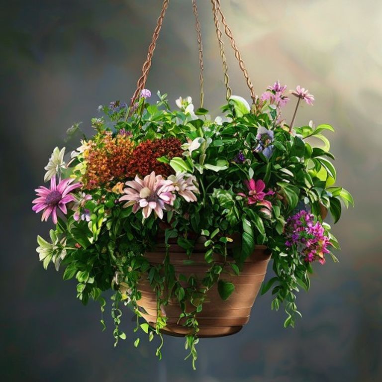 Hanging baskets planted with summer flowers using compost