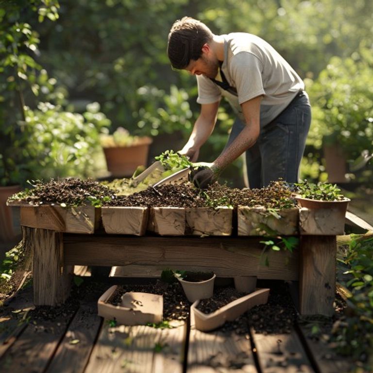 Gardener reworking compost by hand before potting seedlings