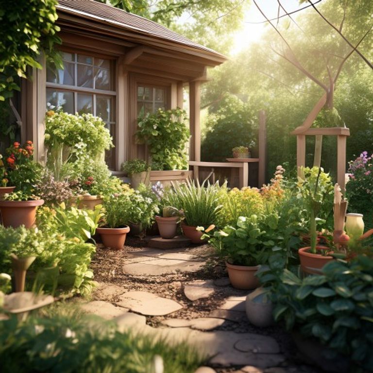 Patio flower containers in full summer bloom