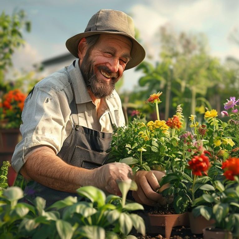UK home gardener checking healthy potted flowers and seedlings